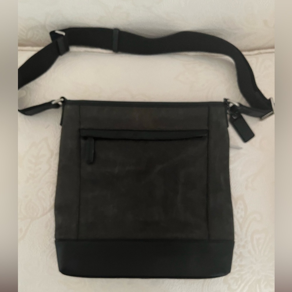 Coach black leather & suede satchel with adjustable strap and six pockets! NWOT